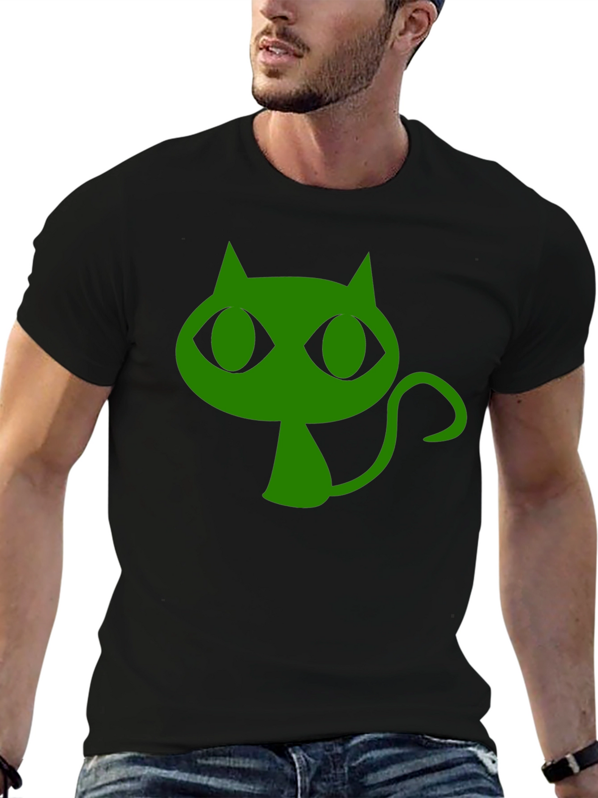 Green Cat Graphic Black T-Shirt