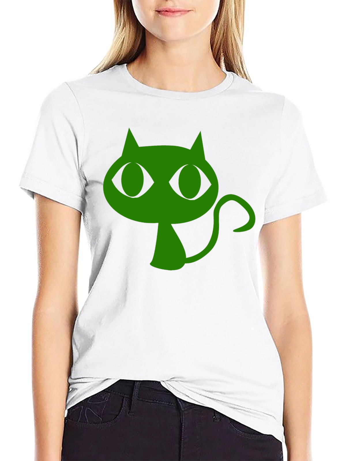 Green Cat Graphic Black T-Shirt