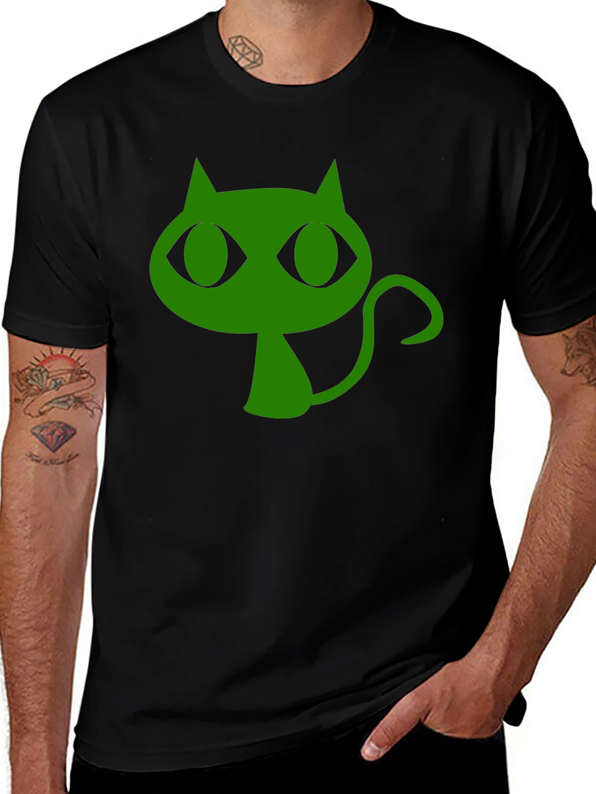 Green Cat Graphic Black T-Shirt