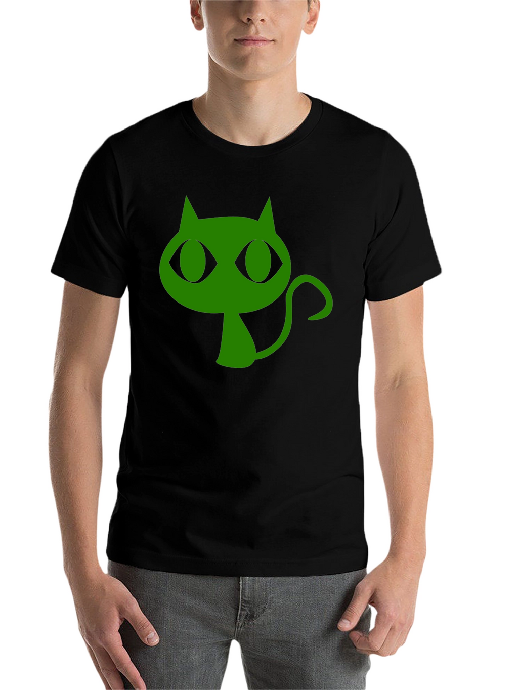 Green Cat Graphic Black T-Shirt