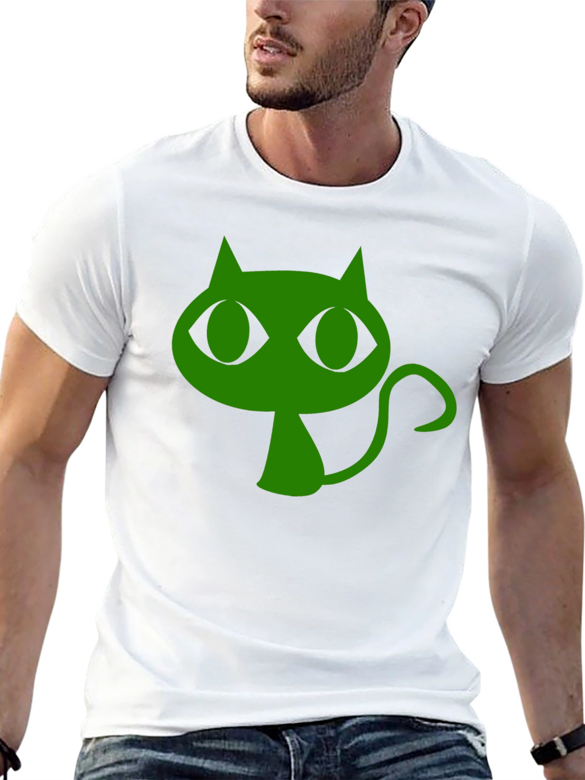 Green Cat Graphic Black T-Shirt