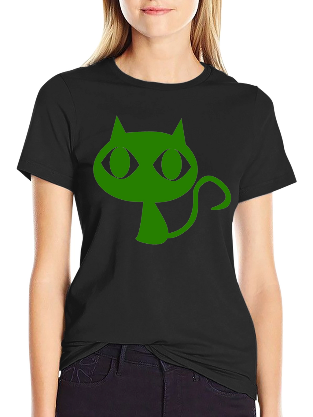 Green Cat Graphic Black T-Shirt