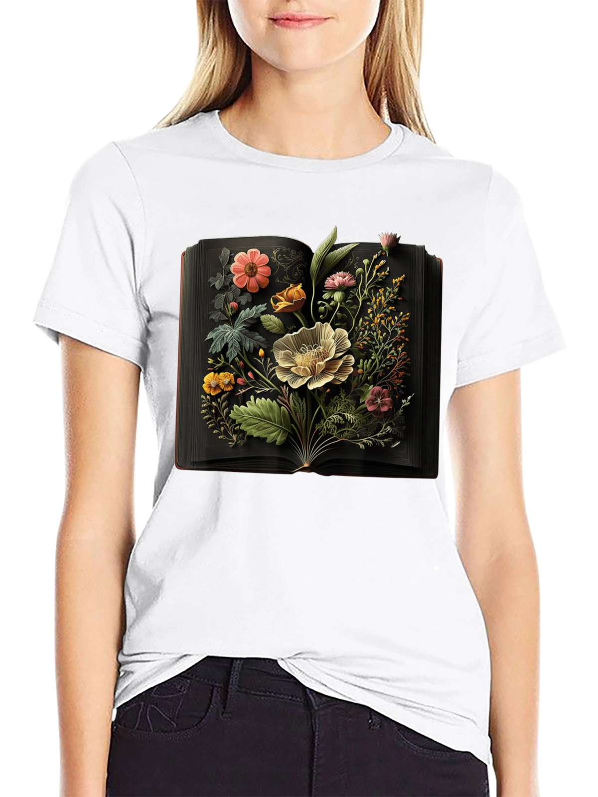Floral Book T-Shirt - Artistic Botanical Design