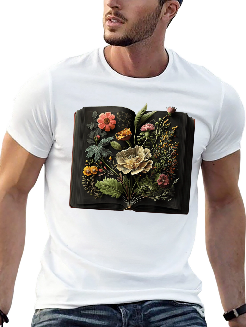 Floral Book T-Shirt - Artistic Botanical Design