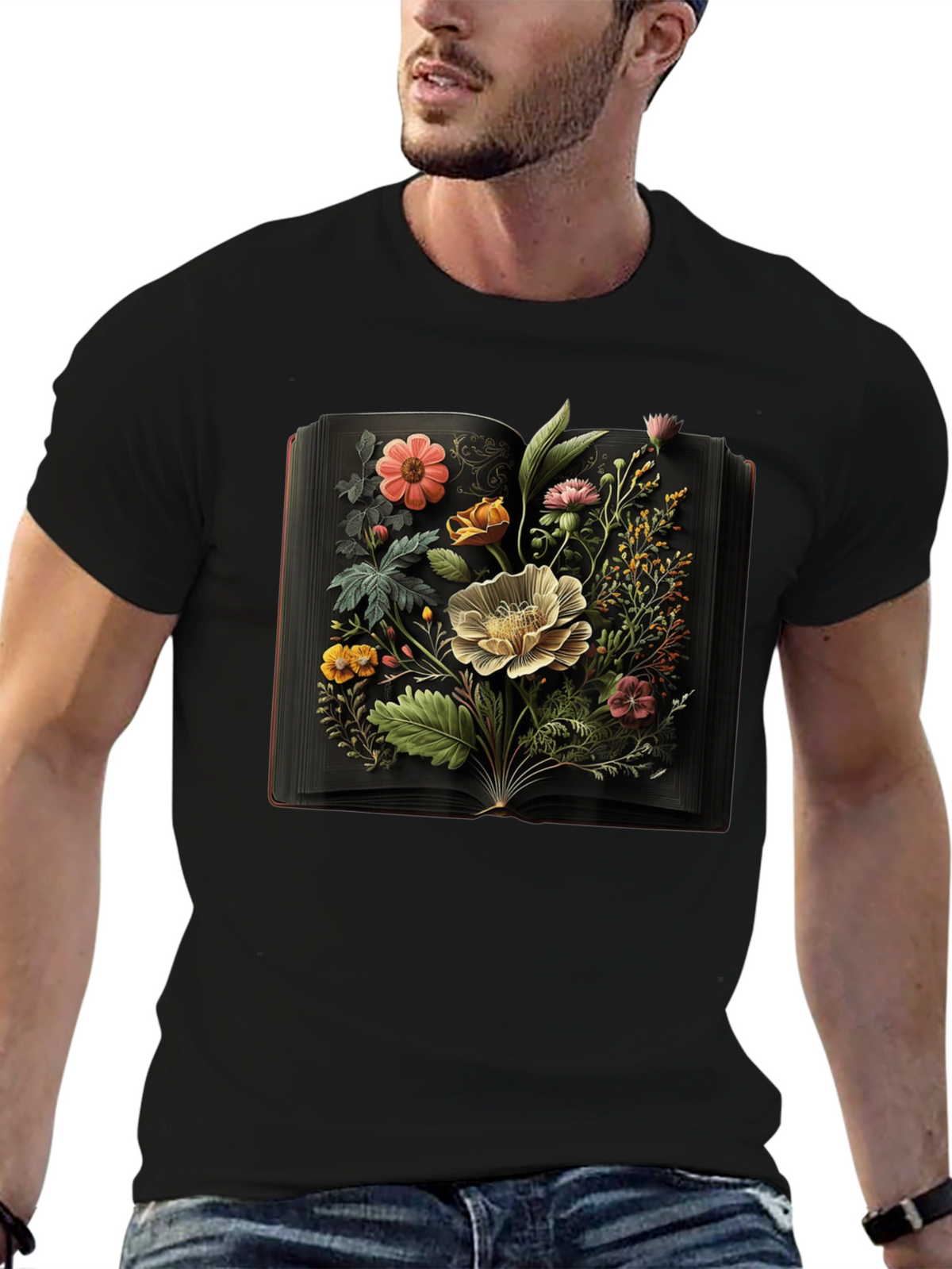 Floral Book T-Shirt - Artistic Botanical Design