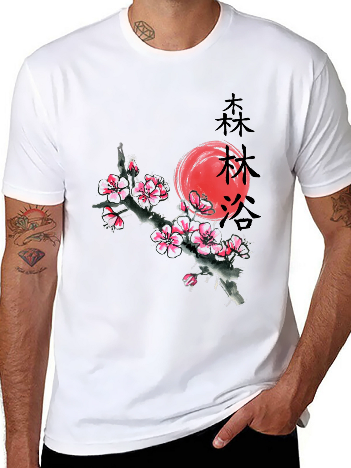 Black T-Shirt with Japanese Cherry Blossom Graphic