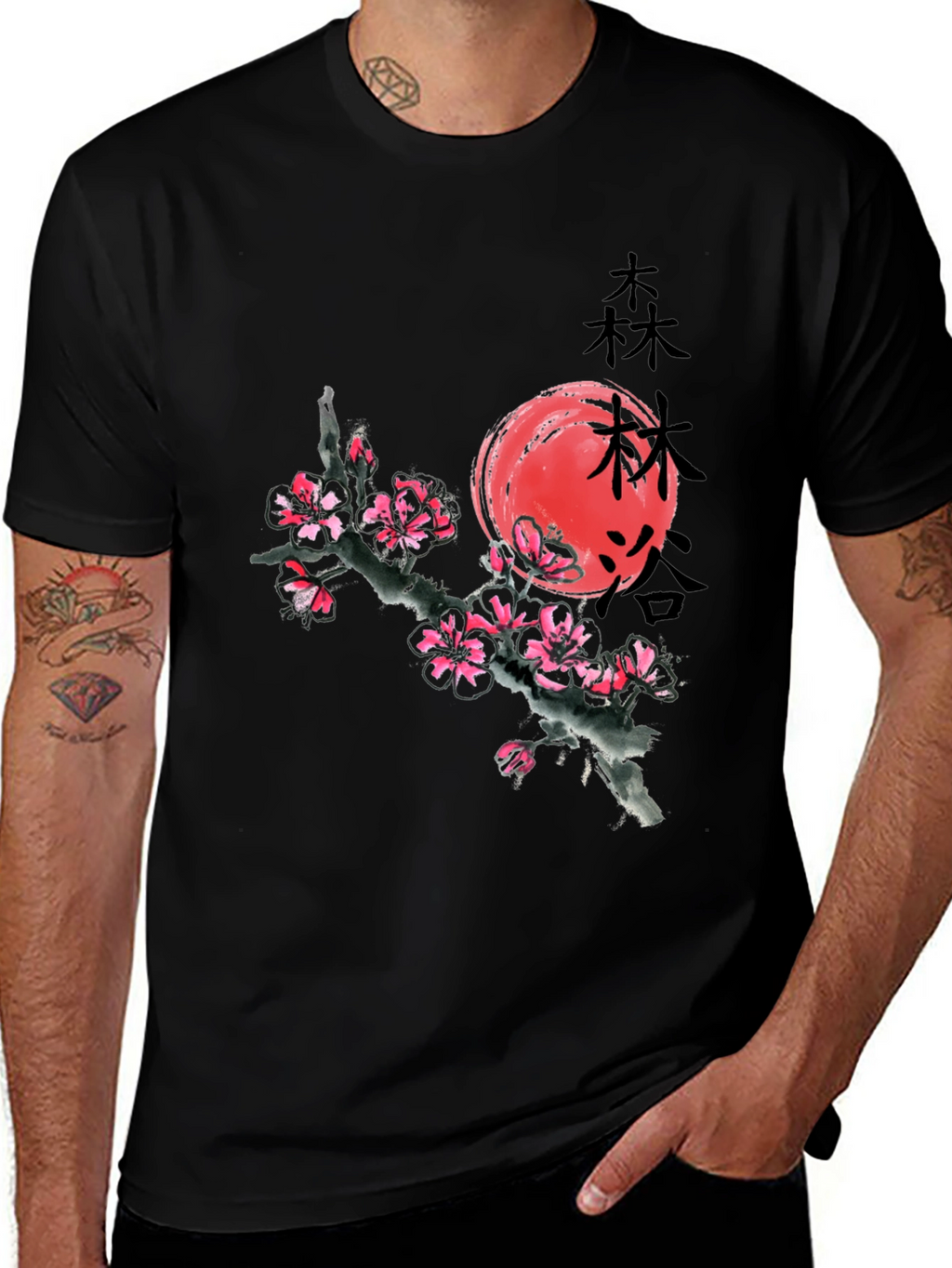 Black T-Shirt with Japanese Cherry Blossom Graphic