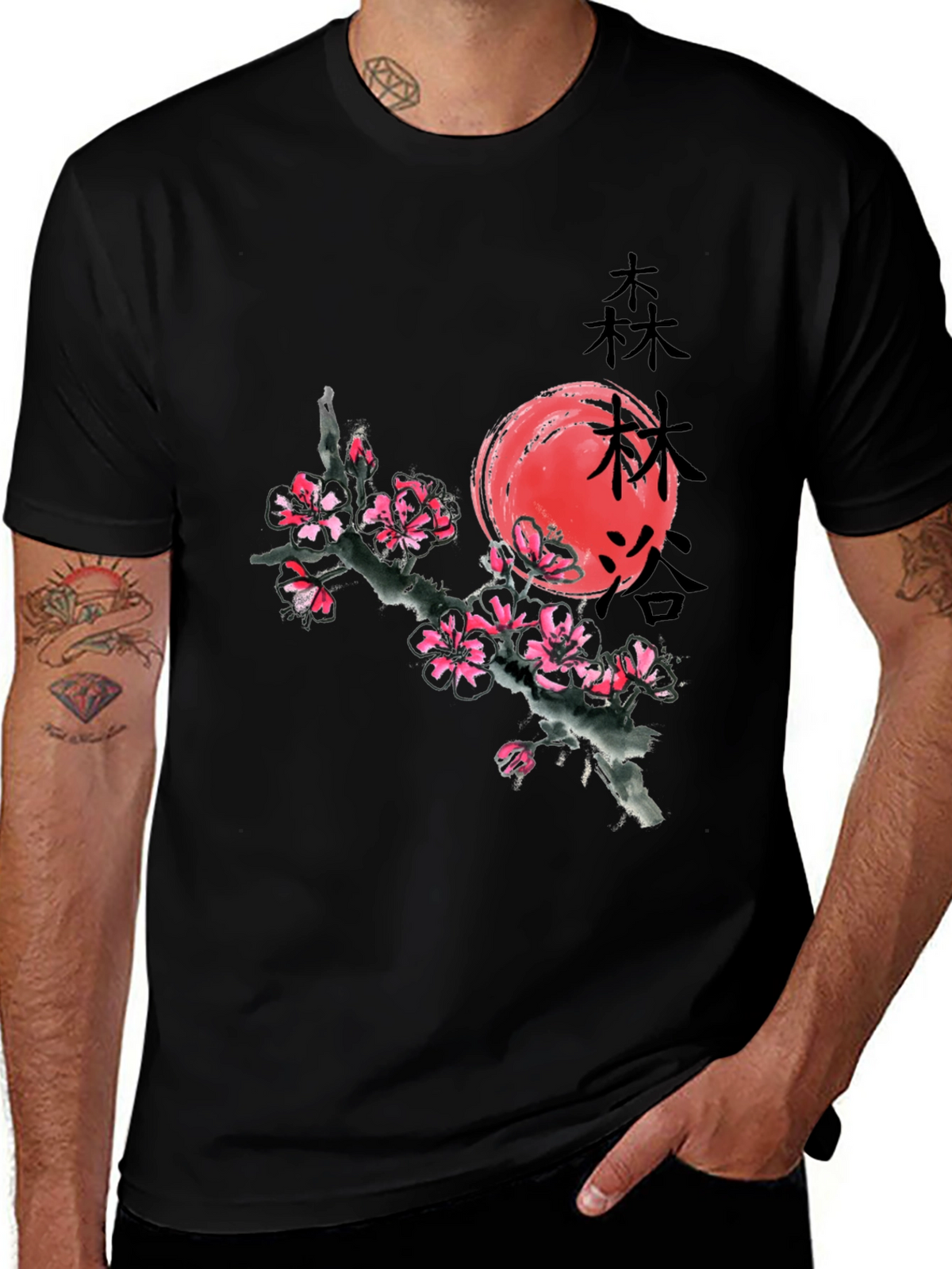 Black T-Shirt with Japanese Cherry Blossom Graphic