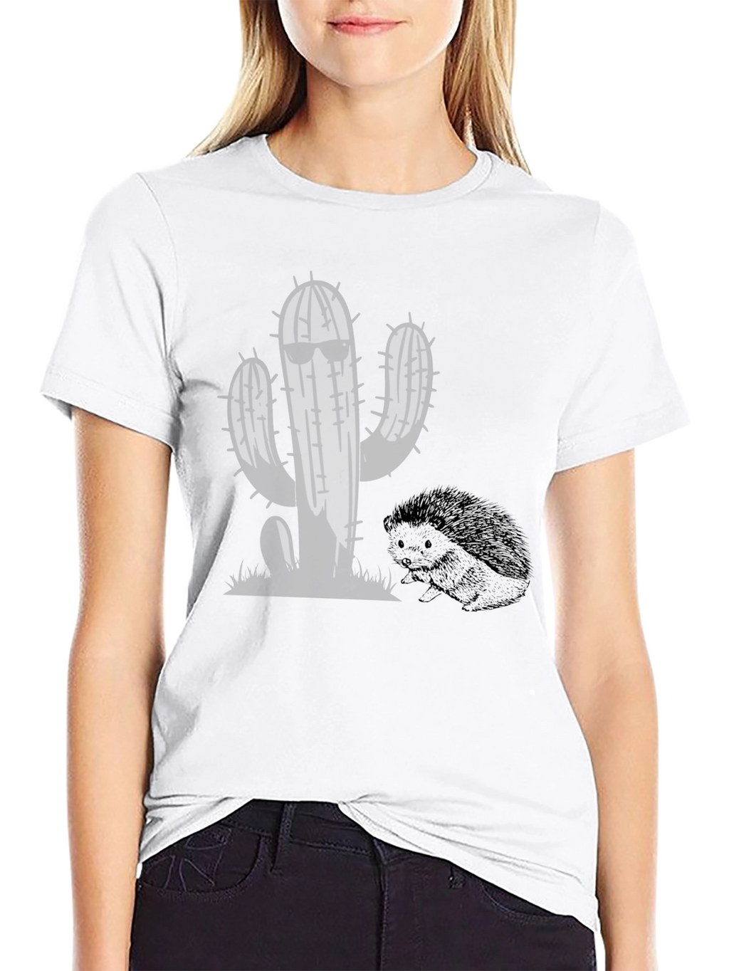 Cool Cactus & Hedgehog Black T-Shirt