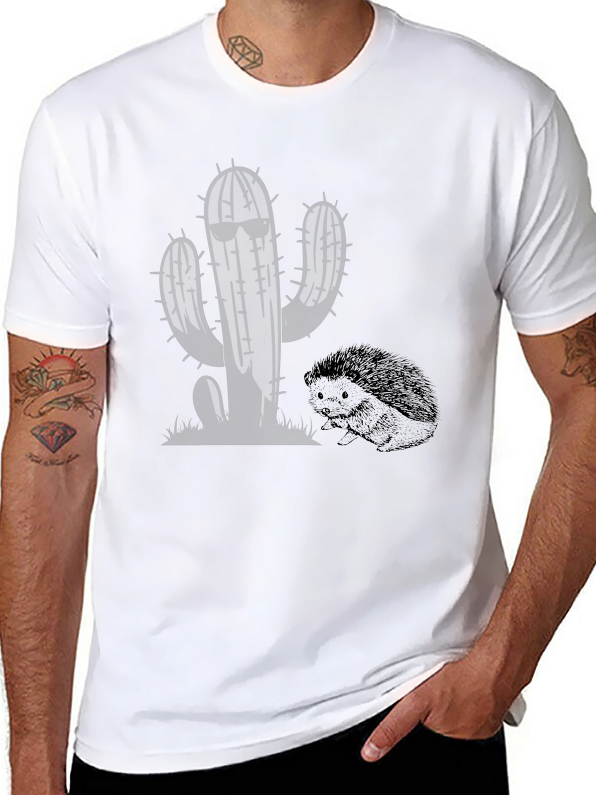 Cool Cactus & Hedgehog Black T-Shirt