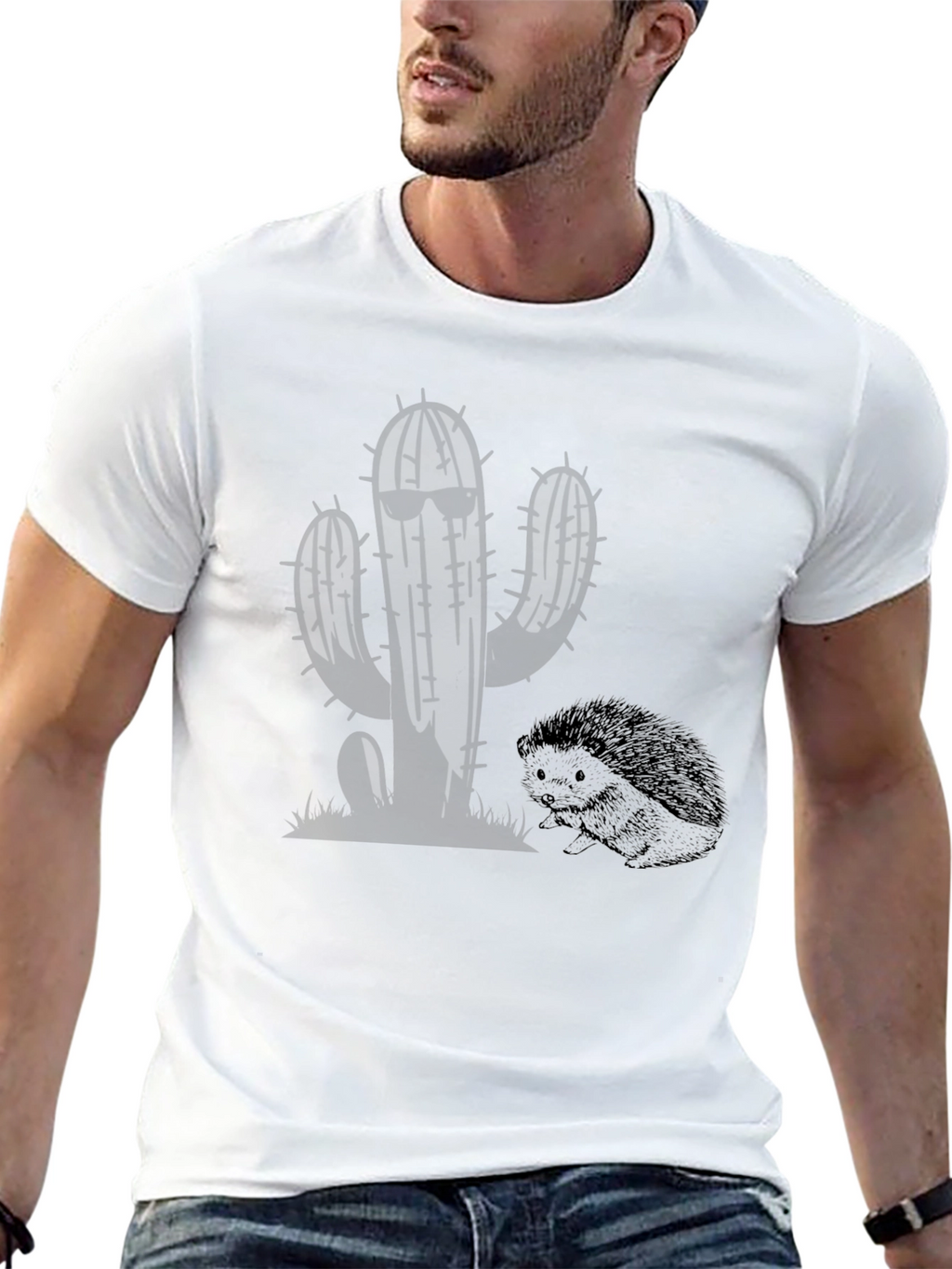 Cool Cactus & Hedgehog Black T-Shirt