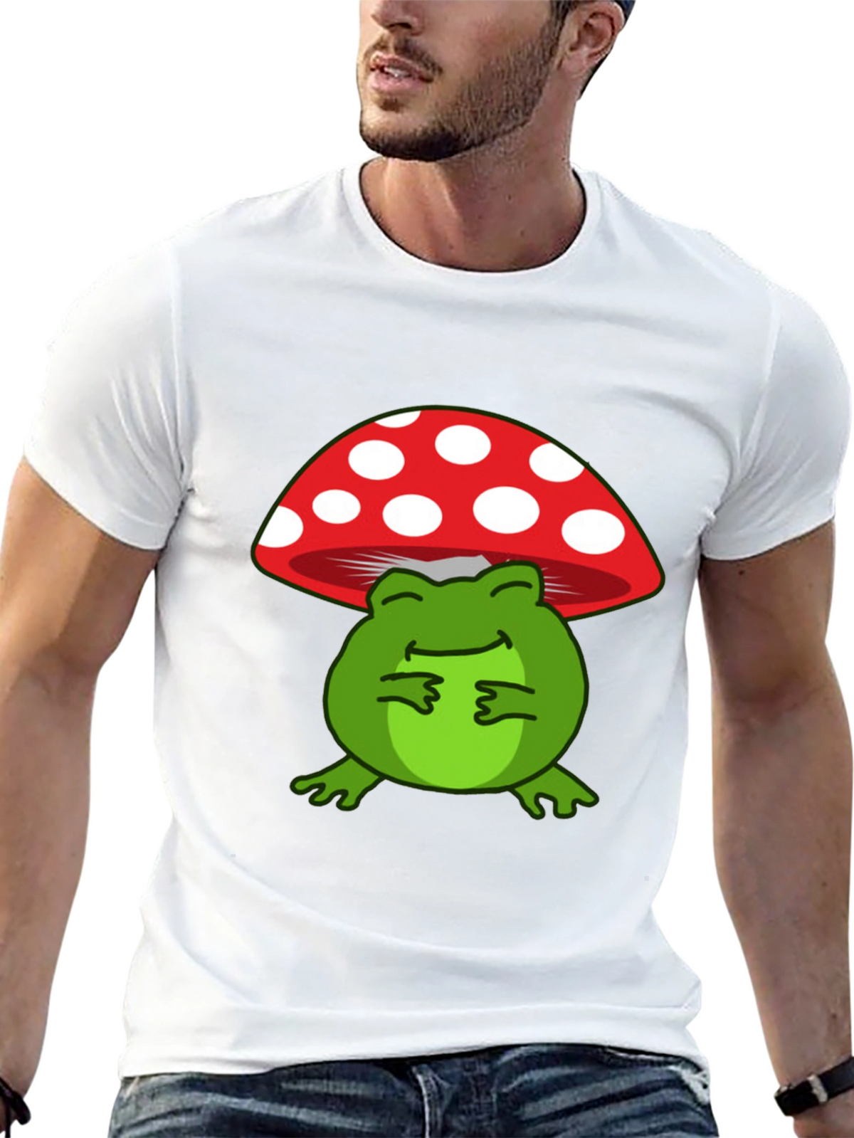 Frog Under Mushroom T-Shirt - Black Cotton Tee