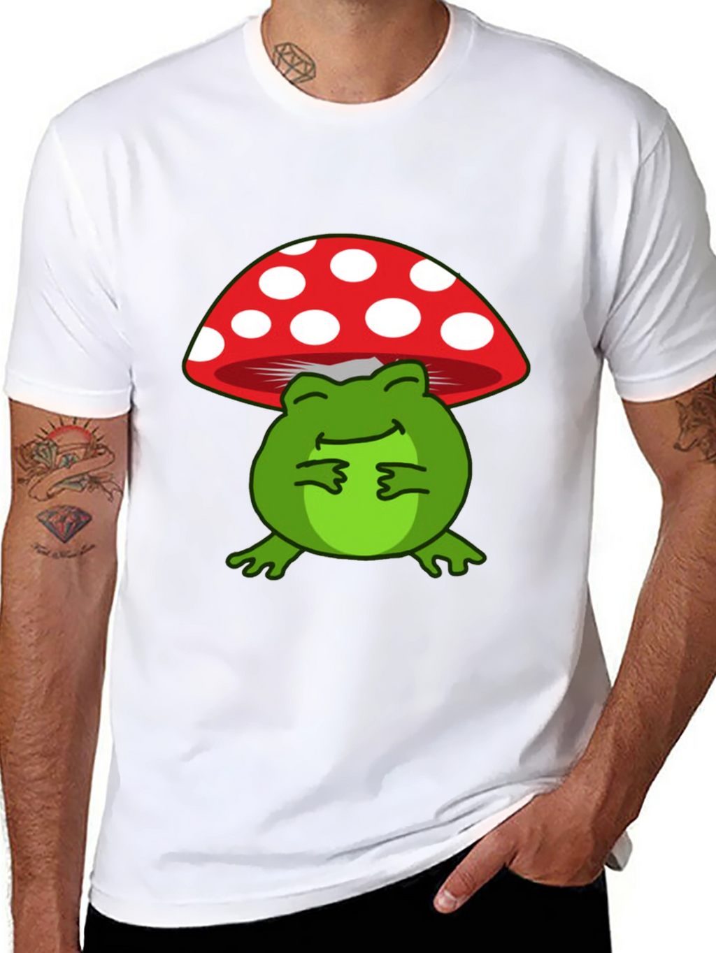 Frog Under Mushroom T-Shirt - Black Cotton Tee