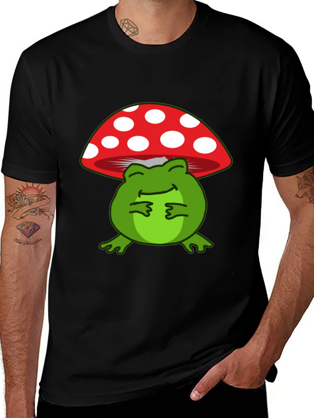 Frog Under Mushroom T-Shirt - Black Cotton Tee