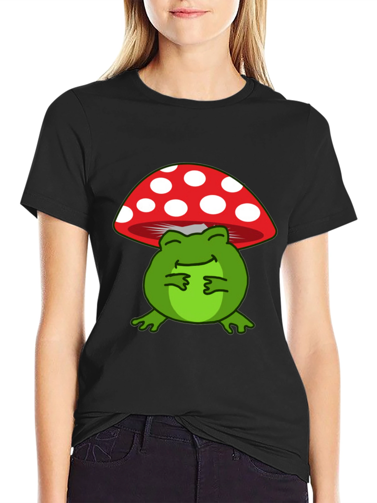 Frog Under Mushroom T-Shirt - Black Cotton Tee