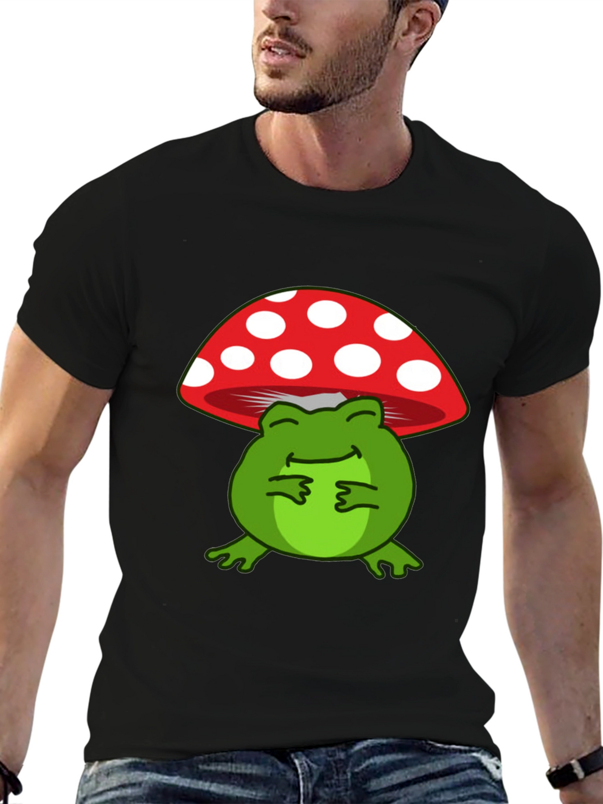Frog Under Mushroom T-Shirt - Black Cotton Tee
