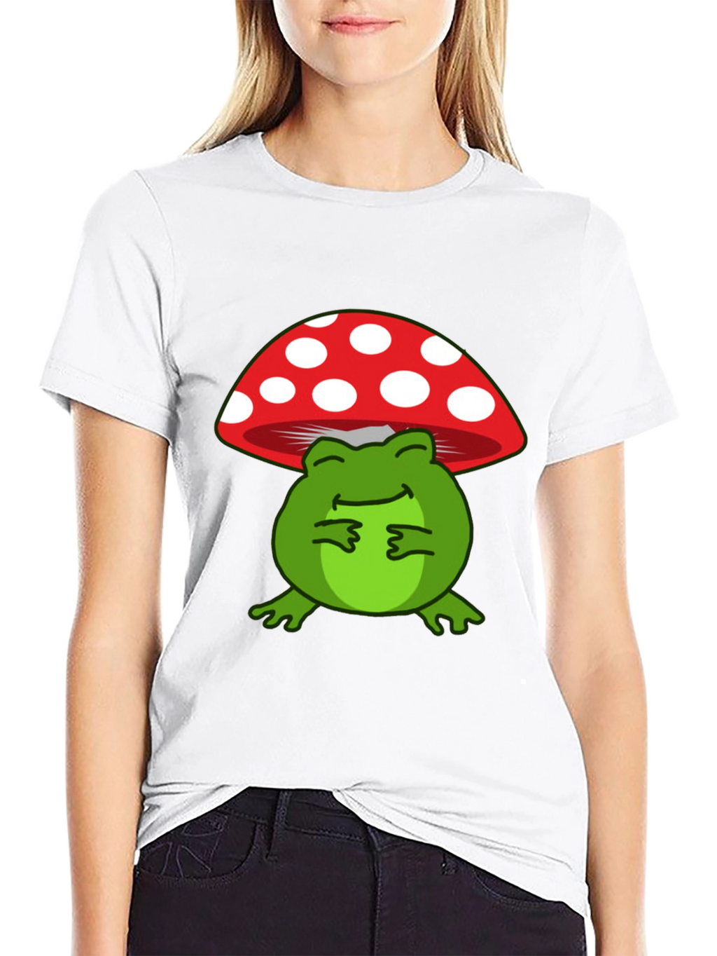 Frog Under Mushroom T-Shirt - Black Cotton Tee