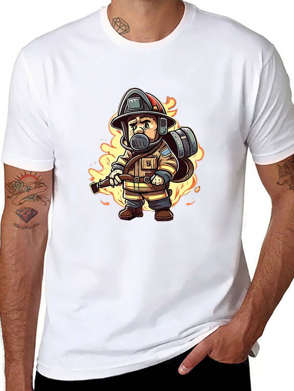 Cartoon Firefighter Black T-Shirt
