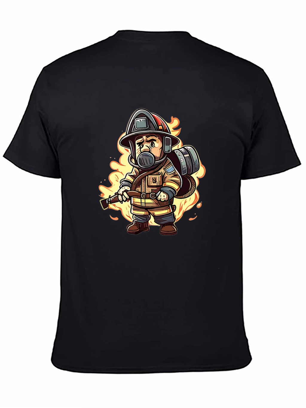 Cartoon Firefighter Black T-Shirt