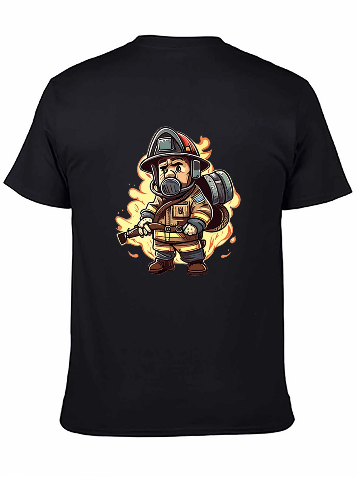 Cartoon Firefighter Black T-Shirt