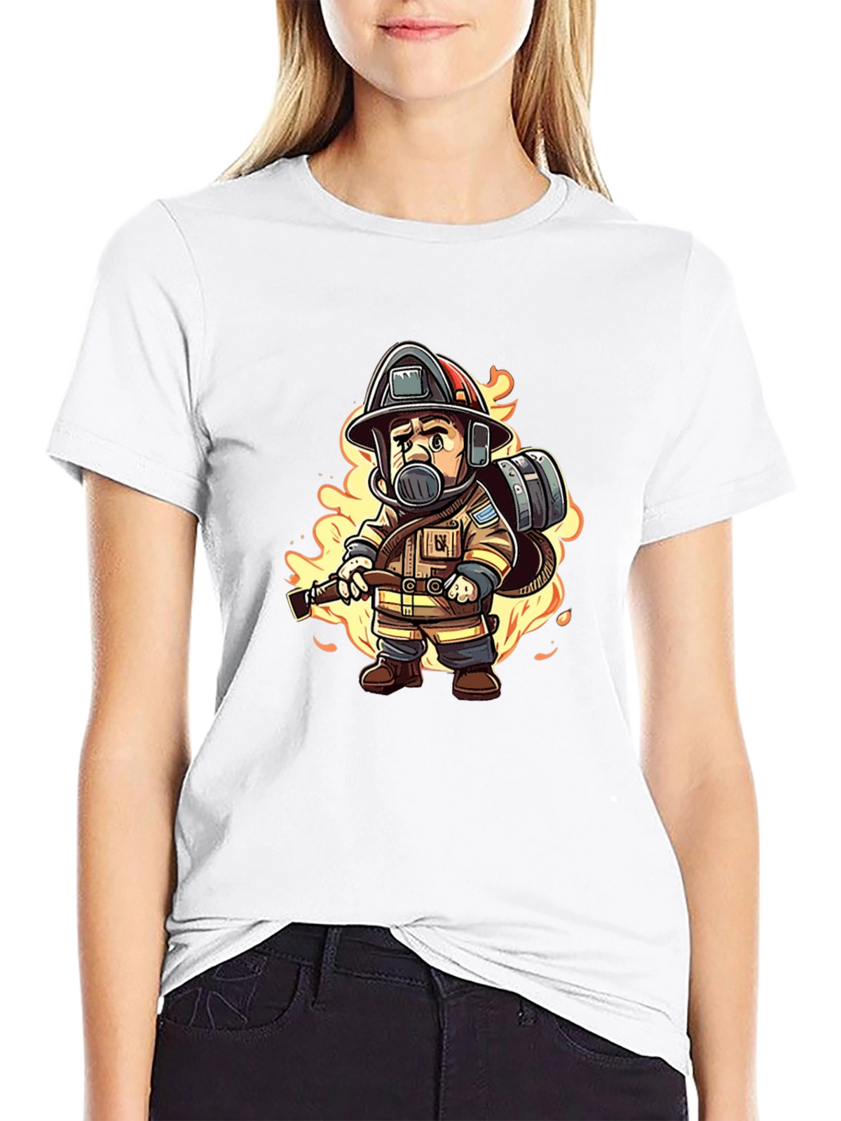 Cartoon Firefighter Black T-Shirt