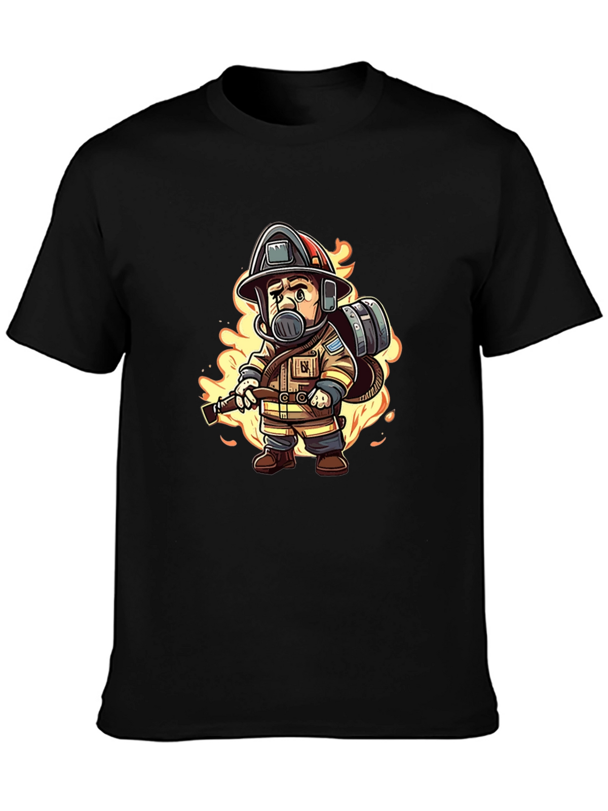 Cartoon Firefighter Black T-Shirt