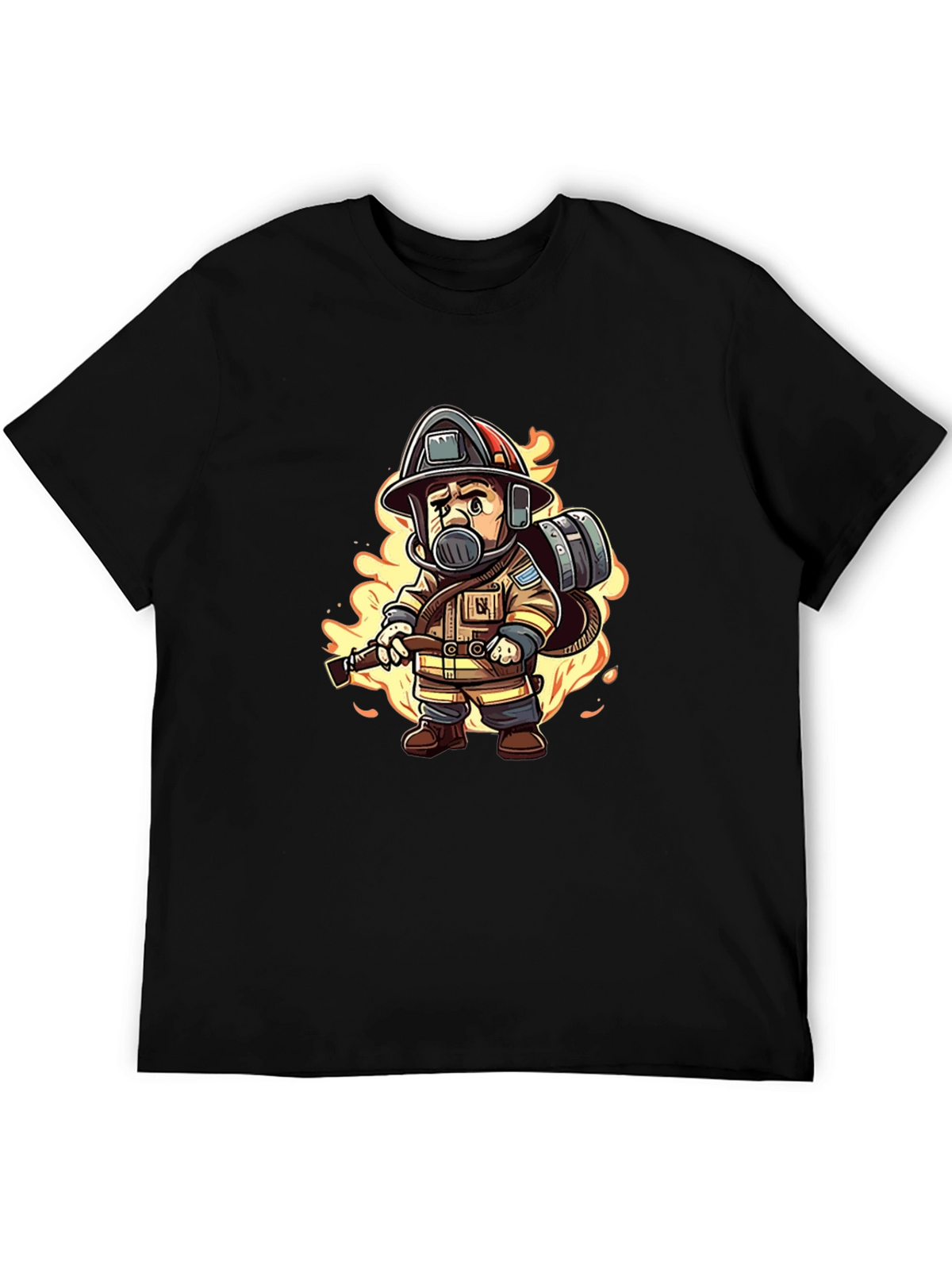 Cartoon Firefighter Black T-Shirt
