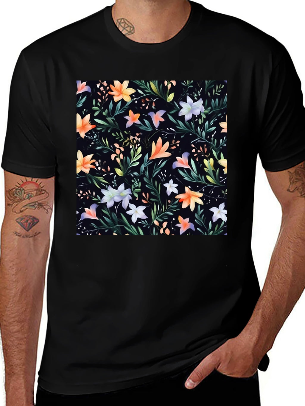 Floral Print Black Crew Neck T-Shirt