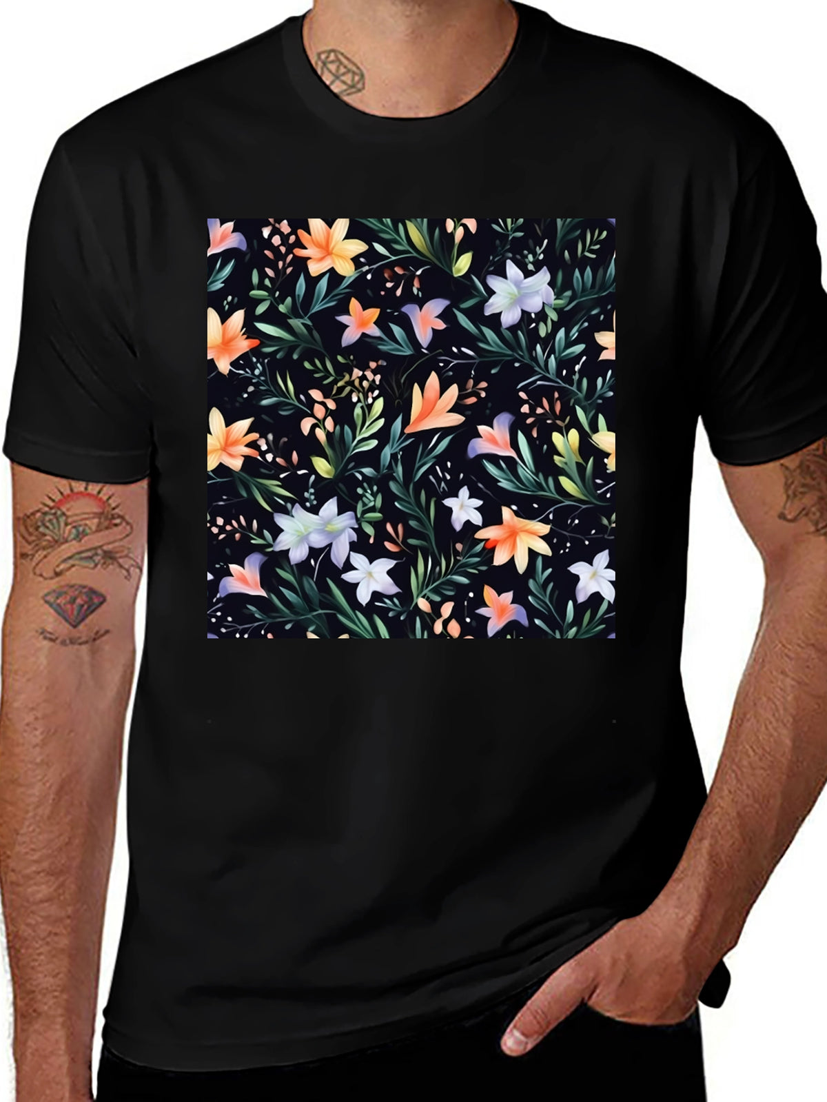 Floral Print Black Crew Neck T-Shirt