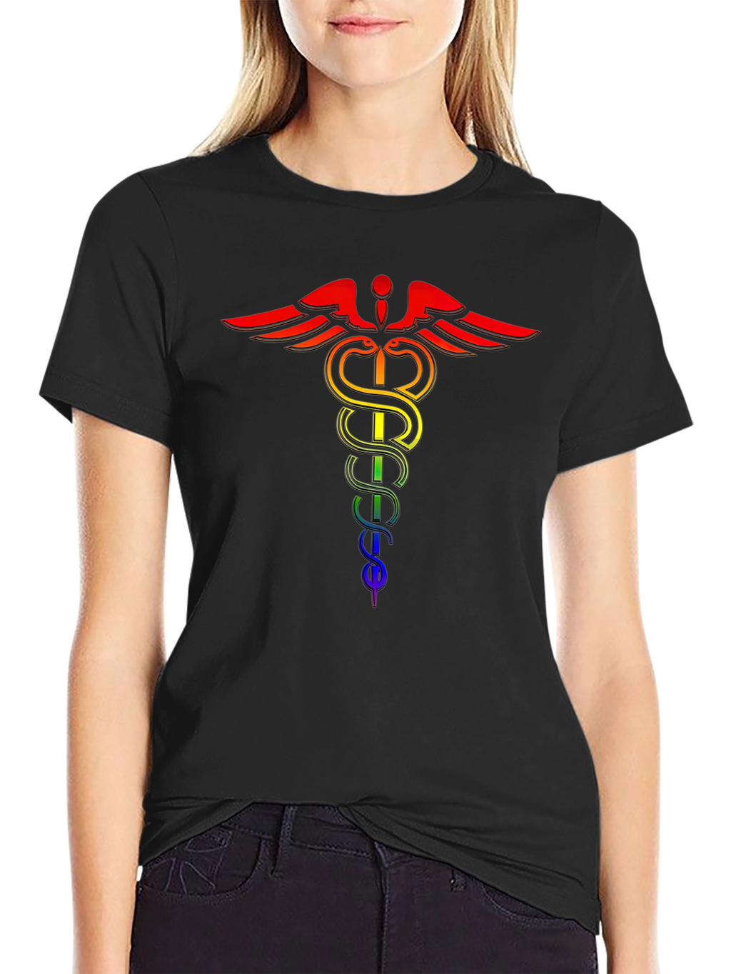 Rainbow Caduceus Black T-Shirt - LGBTQ+ Pride Medical Symbol
