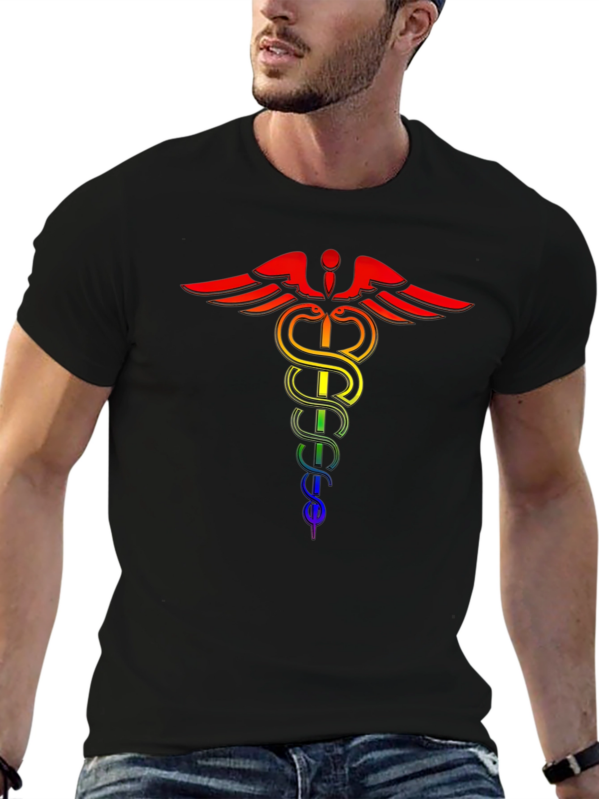 Rainbow Caduceus Black T-Shirt - LGBTQ+ Pride Medical Symbol