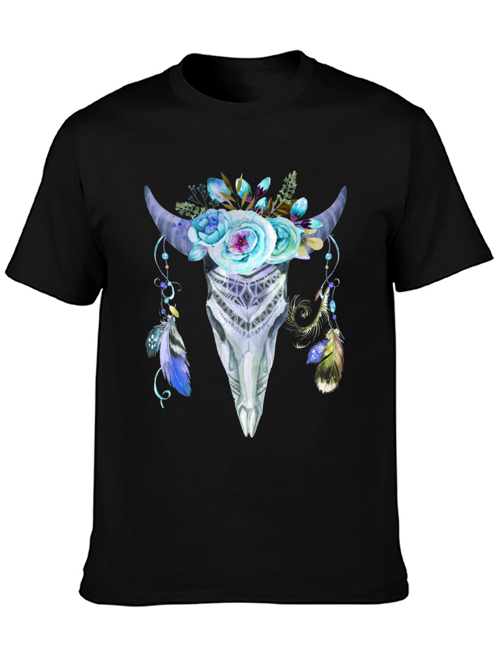 Floral Bull Skull Graphic Tee - Black