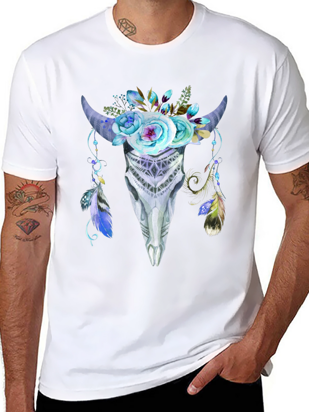 Floral Bull Skull Graphic Tee - Black
