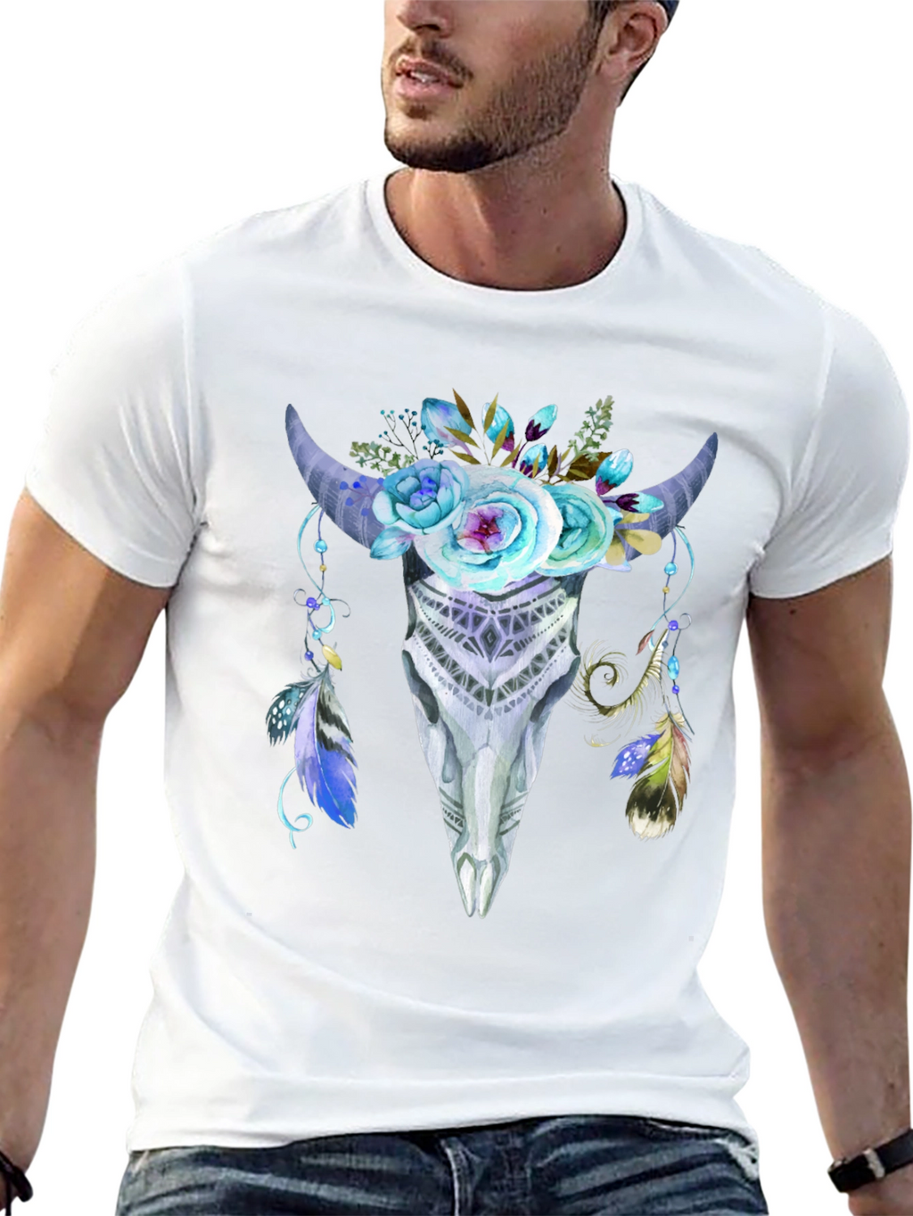 Floral Bull Skull Graphic Tee - Black