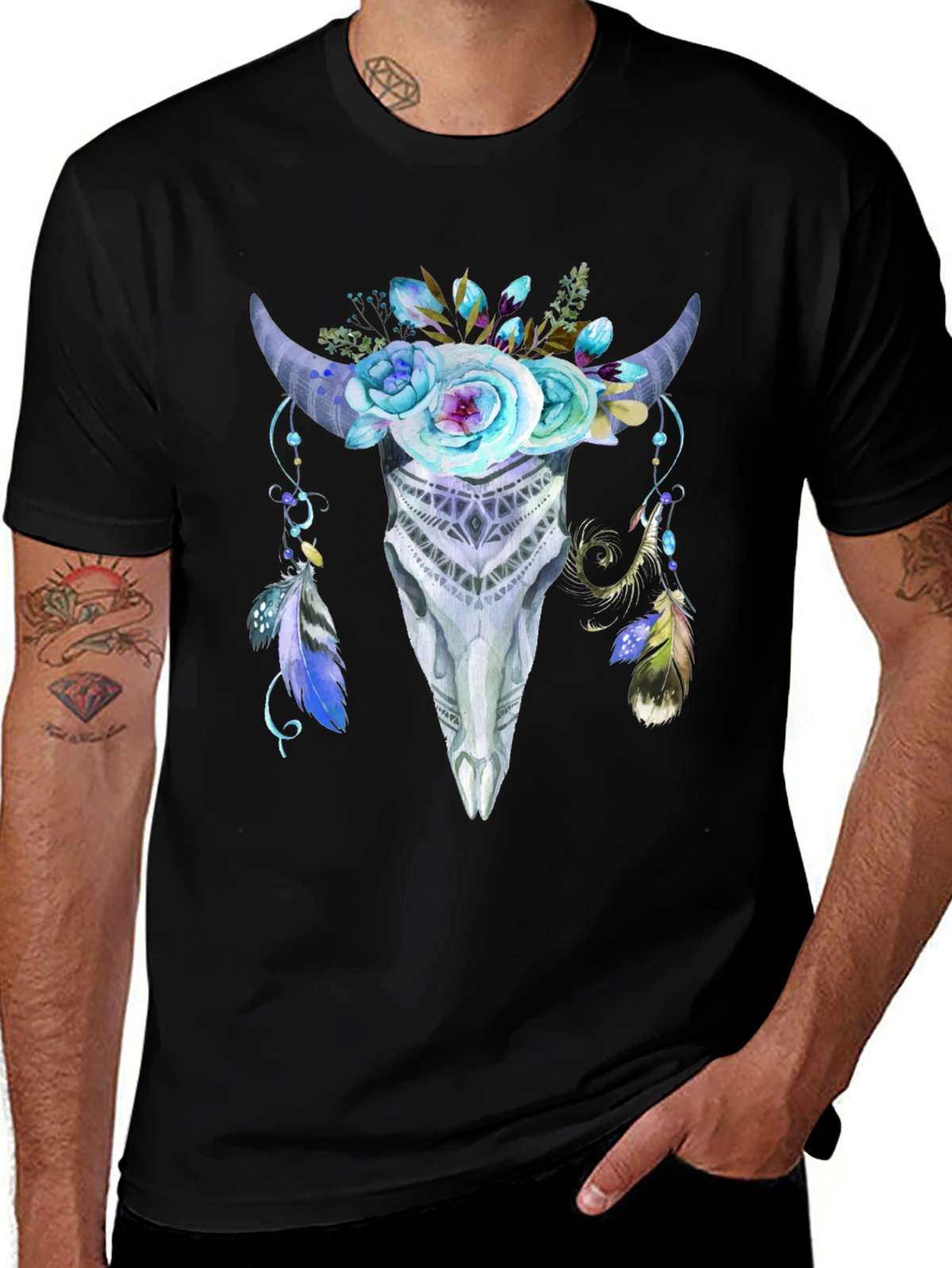 Floral Bull Skull Graphic Tee - Black