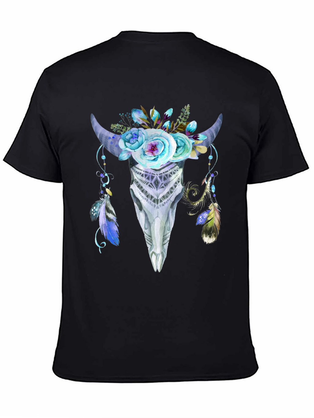 Floral Bull Skull Graphic Tee - Black