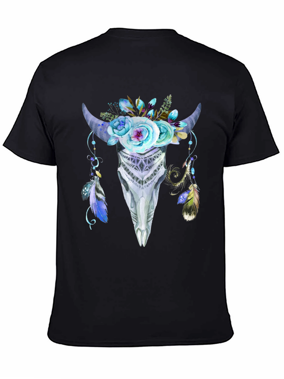 Floral Bull Skull Graphic Tee - Black