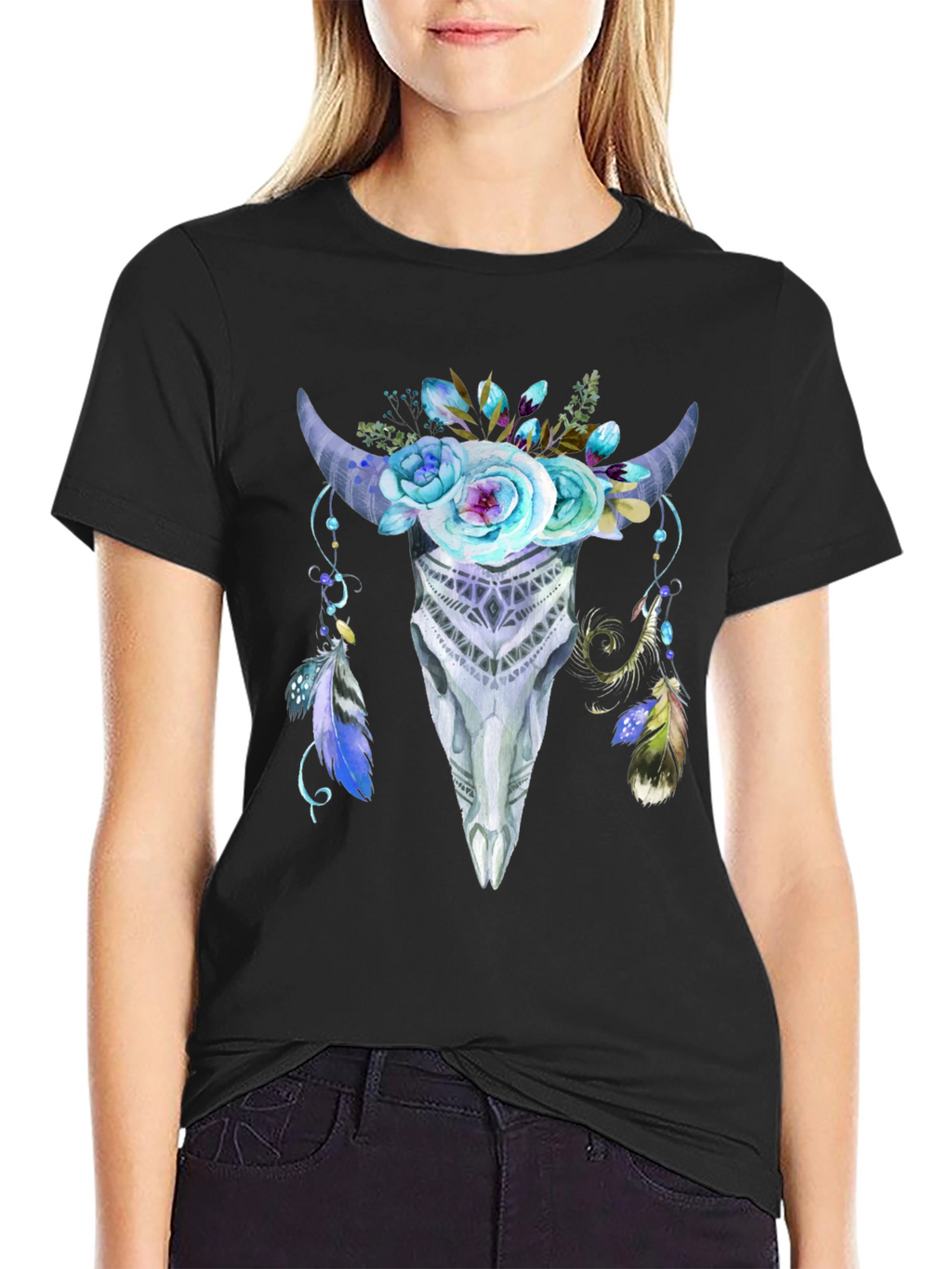 Floral Bull Skull Graphic Tee - Black