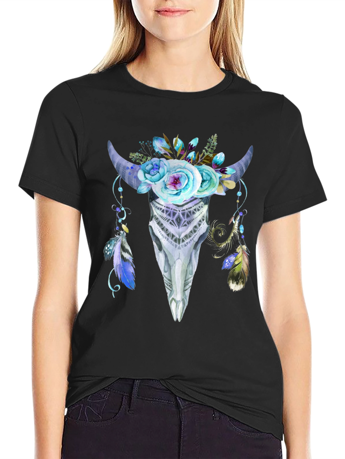 Floral Bull Skull Graphic Tee - Black