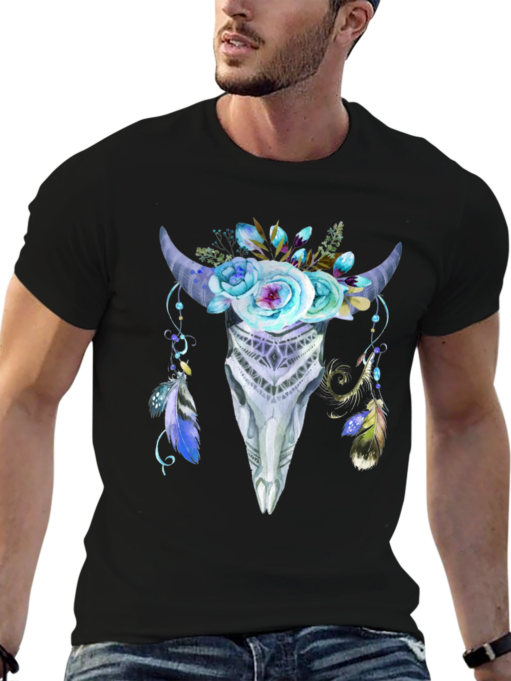 Floral Bull Skull Graphic Tee - Black