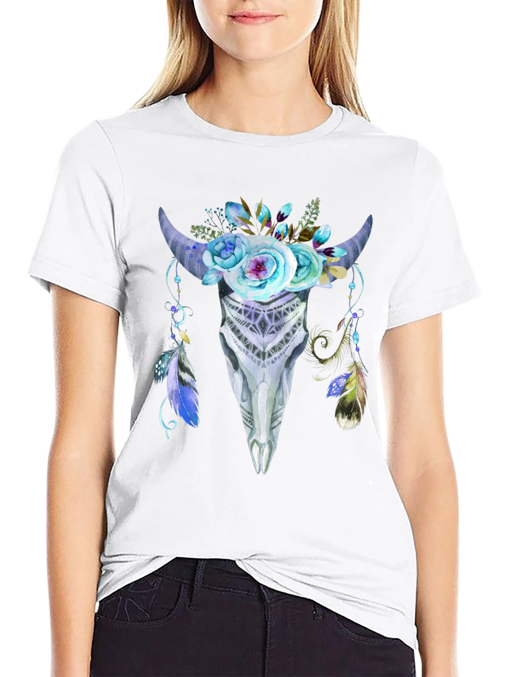 Floral Bull Skull Graphic Tee - Black