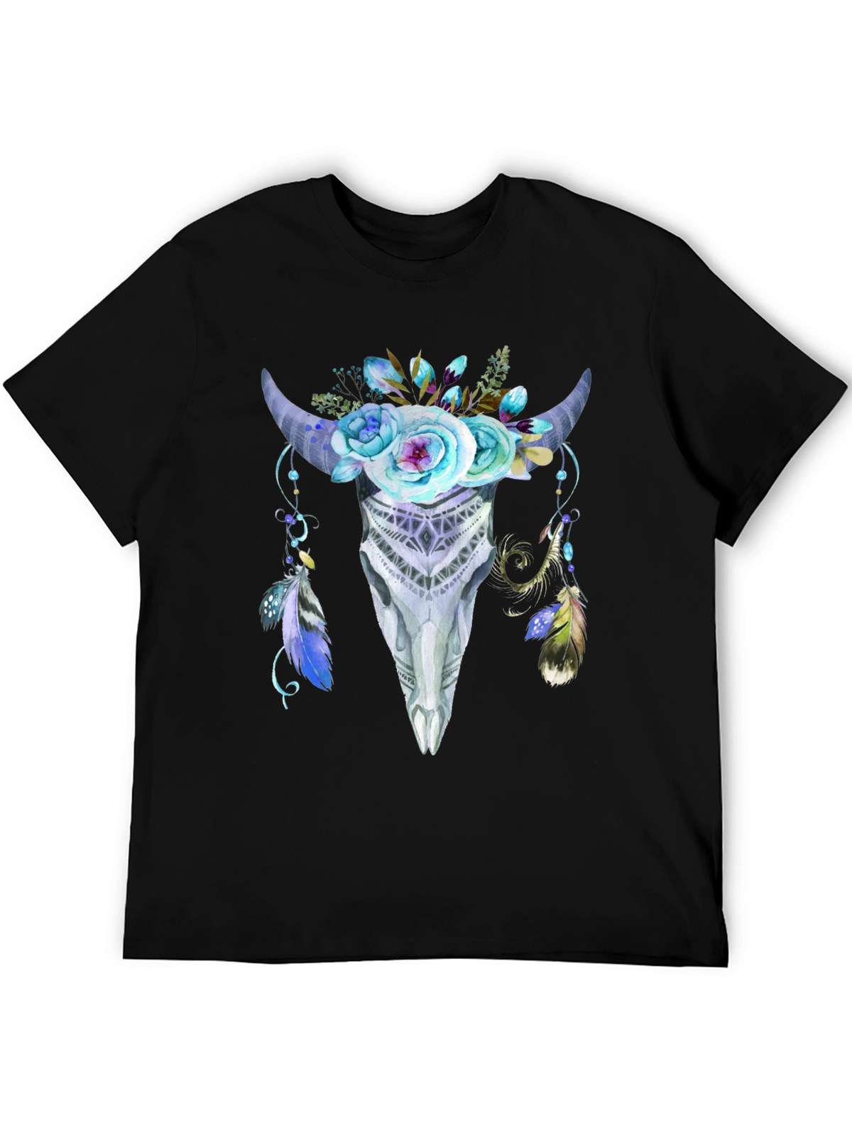 Floral Bull Skull Graphic Tee - Black