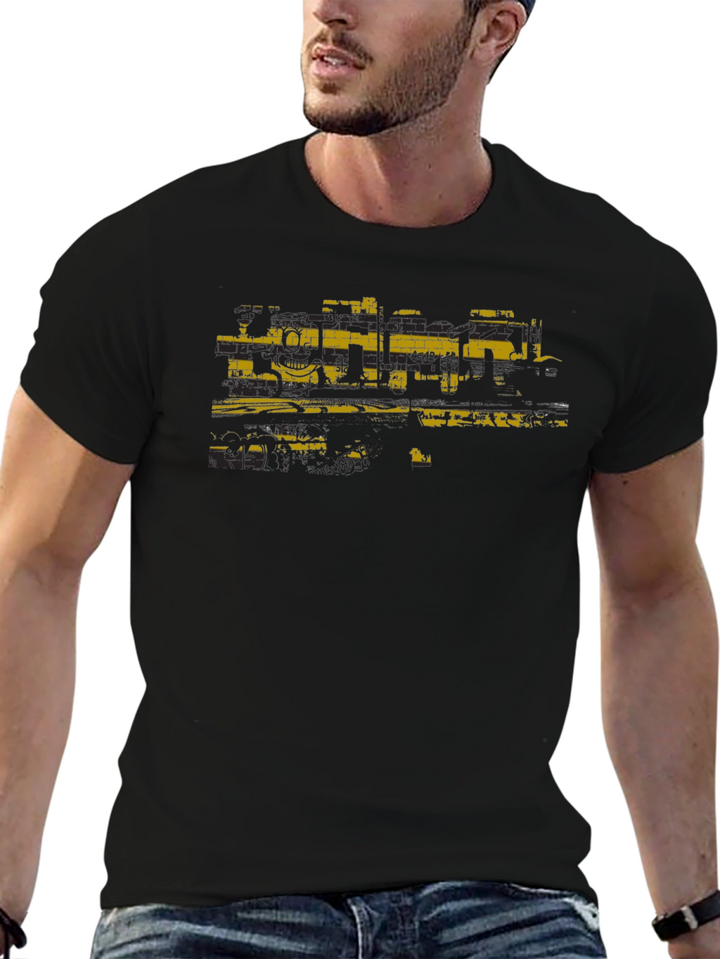 Distressed Graphic Print Black Crew Neck Tee