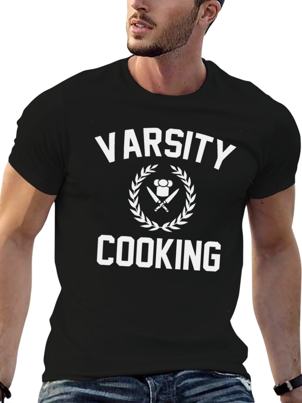 Varsity Cooking T-Shirt - Chefs Knife & Hat Design