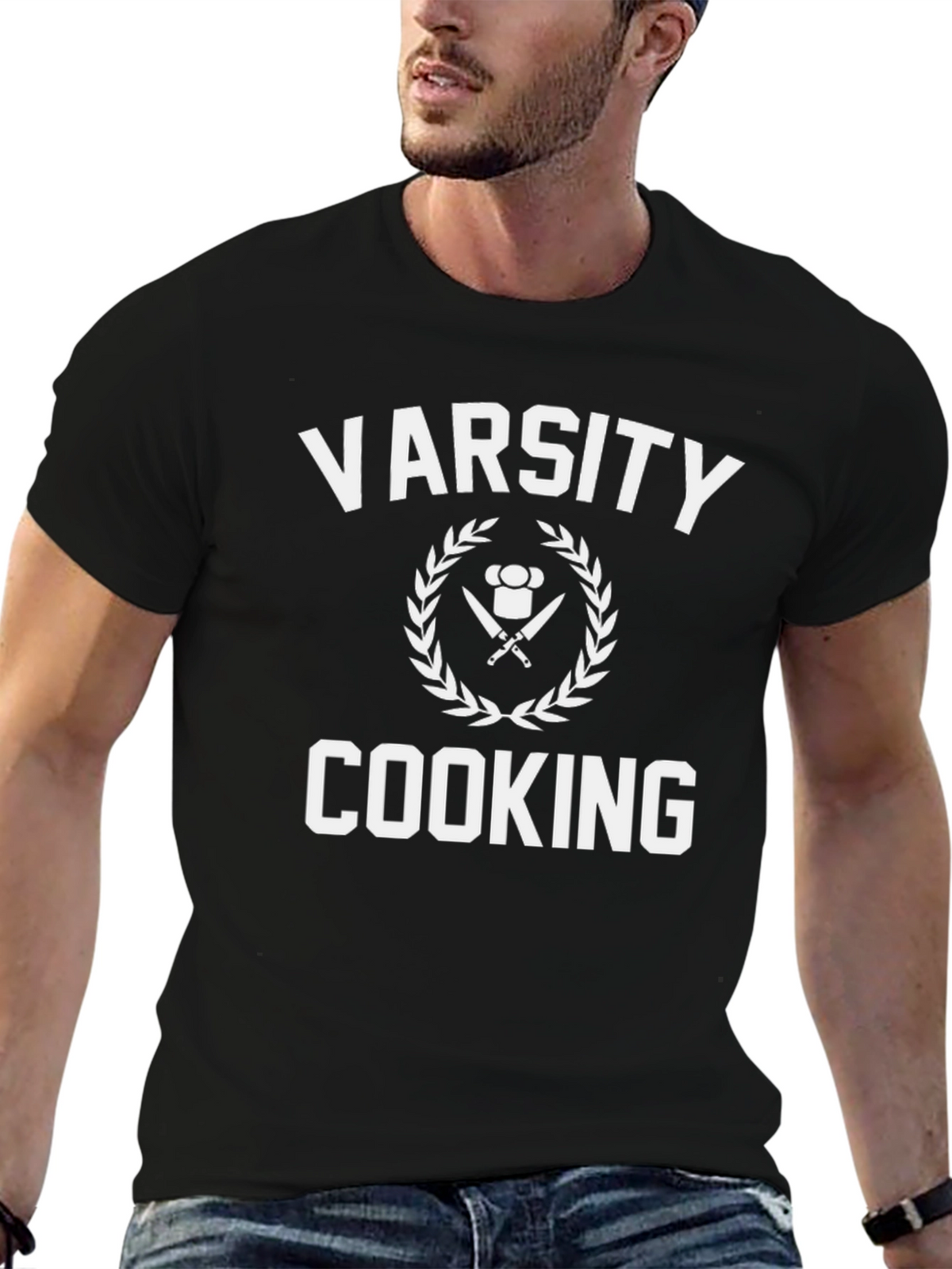Varsity Cooking T-Shirt - Chefs Knife & Hat Design