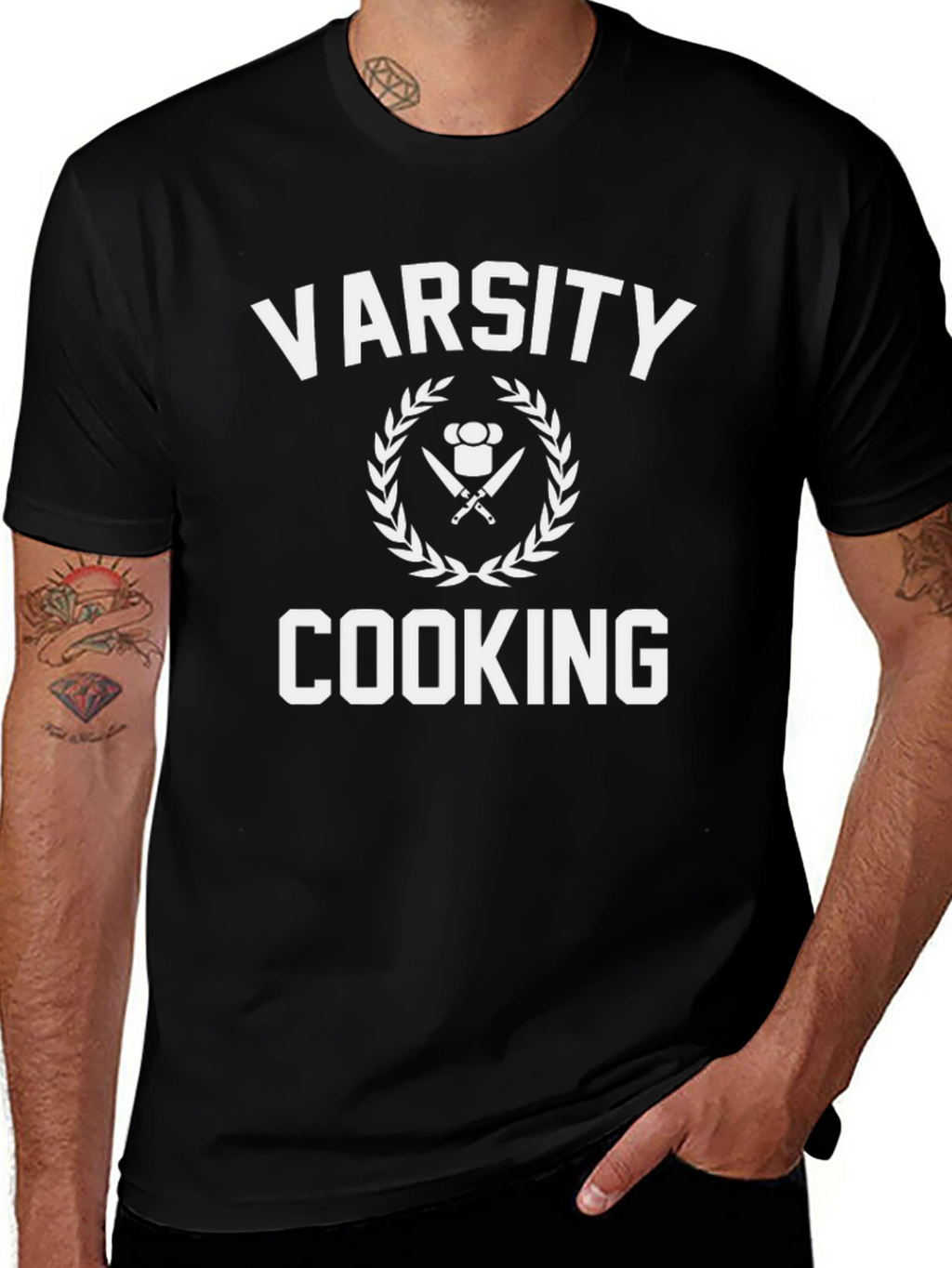 Varsity Cooking T-Shirt - Chefs Knife & Hat Design
