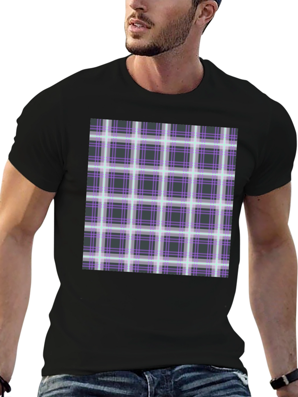 Plaid Graphic Print Black T-Shirt
