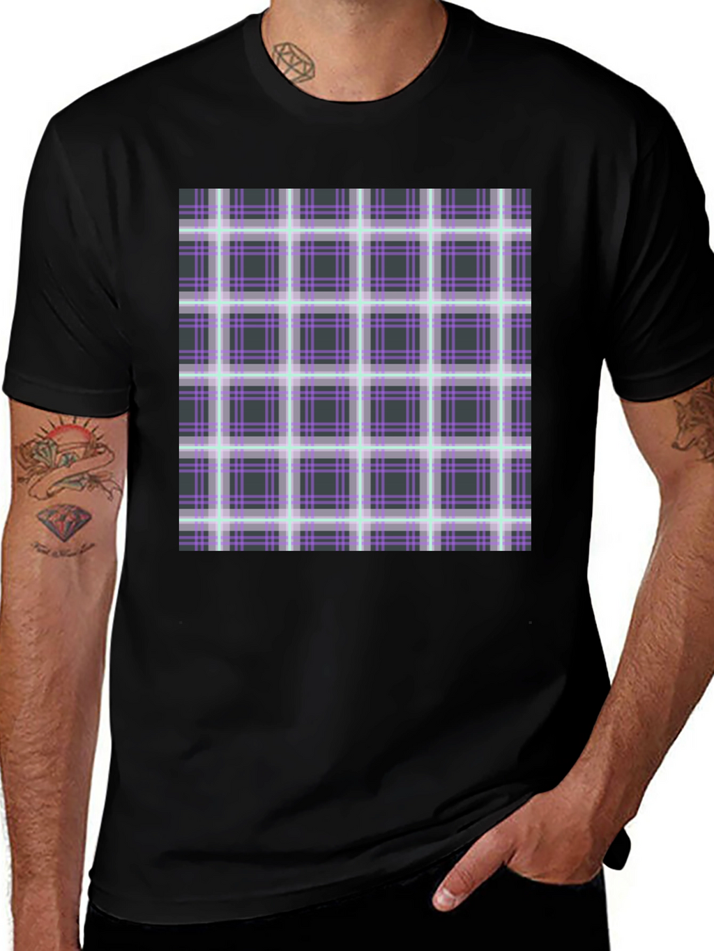 Plaid Graphic Print Black T-Shirt