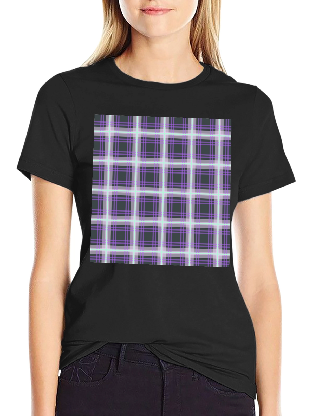 Plaid Graphic Print Black T-Shirt