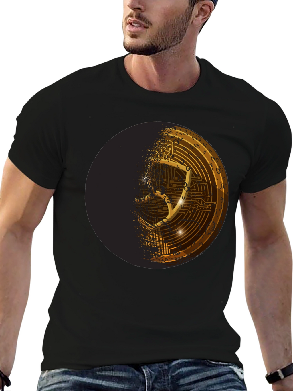 Cyber Shield Black T-Shirt - Futuristic Design
